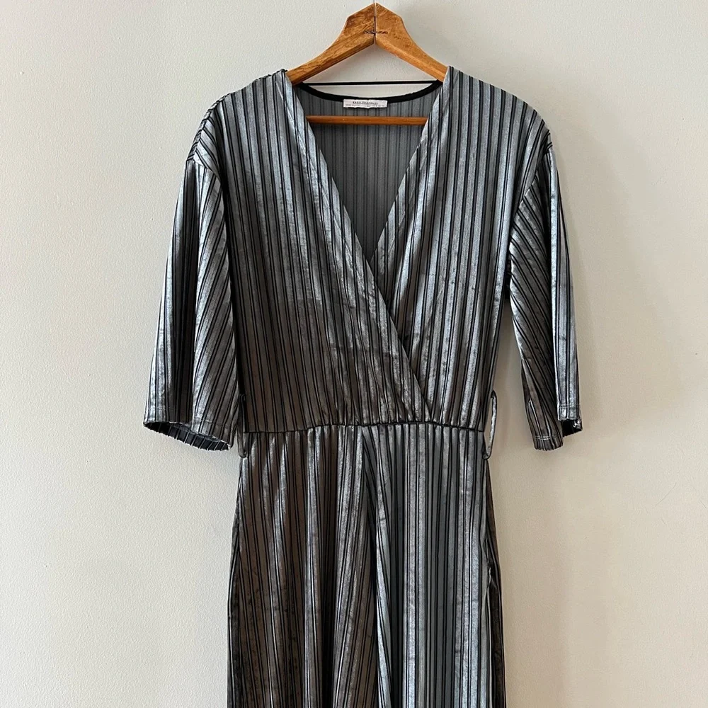 ZARA‎ Trafaluc Jumpsuit Velvet 3/4 Sleeve Striped Wide Leg Gray Blue Size Small
